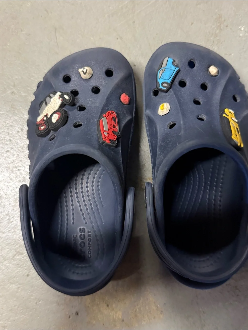 Toddler Classic Clogs Navy Blue with vehicle-themed Jibbitz charms C9 GUC